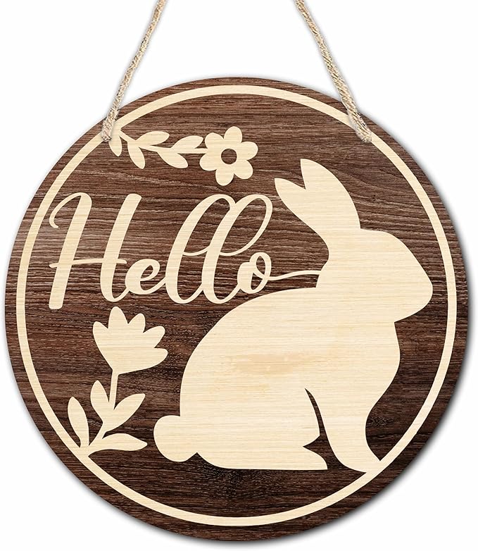 10" Easter Round Wooden Hanging Sign With Sisal Rope - Rustic Bunny Hello Wooden Plaque For Front Door, Porch, Outdoor Indoor, Farmhouse Wall Decor Party Favor & Decorations - B02