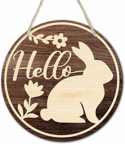 10" Easter Round Wooden Hanging Sign With Sisal Rope - Rustic Bunny Hello Wooden Plaque For Front Door, Porch, Outdoor Indoor, Farmhouse Wall Decor Party Favor & Decorations - B02