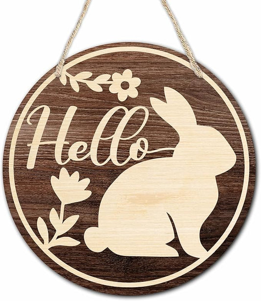 10" Easter Round Wooden Hanging Sign With Sisal Rope - Rustic Bunny Hello Wooden Plaque For Front Door, Porch, Outdoor Indoor, Farmhouse Wall Decor Party Favor & Decorations - B02
