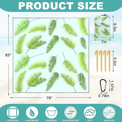 Beach Blanket waterproof sandproof beach mat 79" X 83" portable Quick Drying large essentials pincic mat for 2-4 adults have 4 Stakes & 4 Corner Pockets for camping outdoor travel(Hawai Leaves）