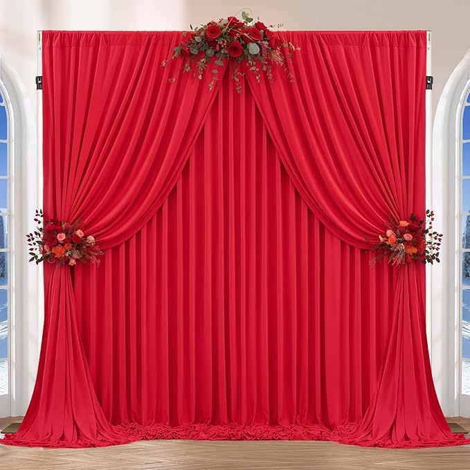 16 x 10ft Red Backdrop Curtains Photo Background Curtains 4 Panels (10'L x 4'W Each) with Rod Pocket, No-Wrinkle Polyester Backdrop Drapes for for Wedding Birthday Party Christmas Prom Dj Set up Event