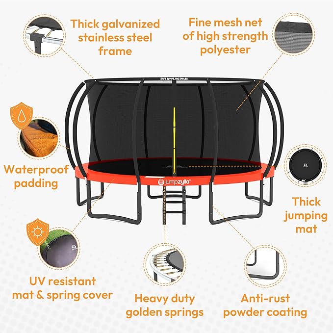 JUMPZYLLA Trampoline Outdoor 8FT 10FT 12FT 14FT 15FT 16FT with Enclosure and Ladder, ASTM Approved Recreational Trampoline for Kids and Adults, Anti-Rust Coated Frame
