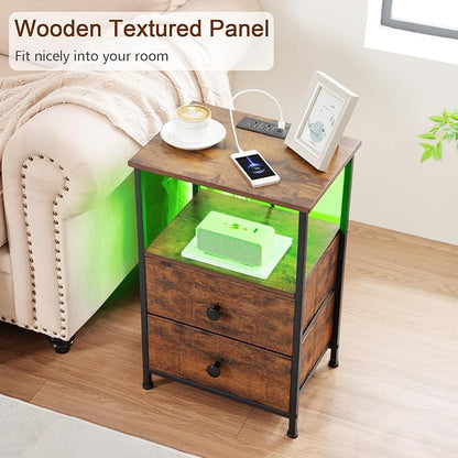 Night Stand Set 2, LED Nightstand with Charging Station, End Tables with Storage Shelf for Small Space, Bedside Table with 2 Fabric Drawers for Bedroom, Brown HETS02PQBR