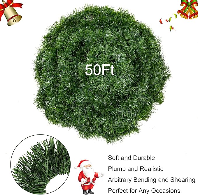 Christmas Garland for Outdoor/Indoor Decoration, Soft Greenery Artificial Garland Decorations, Non-lit Green Xmas Garlands Perfect for Party Home Garden and Holiday Festival Decor, 50 Feet 1 Pack