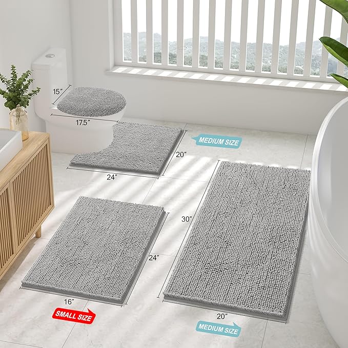 Smiry Luxury Chenille Bathroom Rugs 44x24, Extra Soft and Absorbent Shaggy Bath Mat, Machine Washable, Non-Slip Plush Carpet Runner for Tub, Shower, and Floor, Home Decor Accessories, Light Grey
