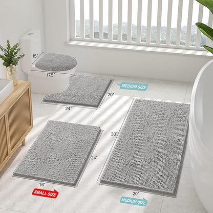 Smiry Luxury Chenille Bathroom Rugs 50x30, Extra Soft and Absorbent Shaggy Bath Mat, Machine Washable, Non-Slip Plush Carpet Runner for Tub, Shower, and Floor, Home Decor Accessories, Light Grey