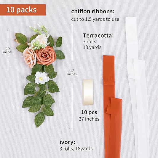 10 Wedding Aisle Decorations for Ceremony - Terracotta Chair Flowers for Church Pew Decor