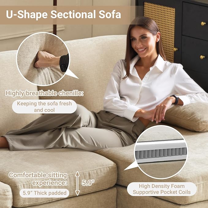 VINGLI 110" Sectional CouchChenilleht Khaki