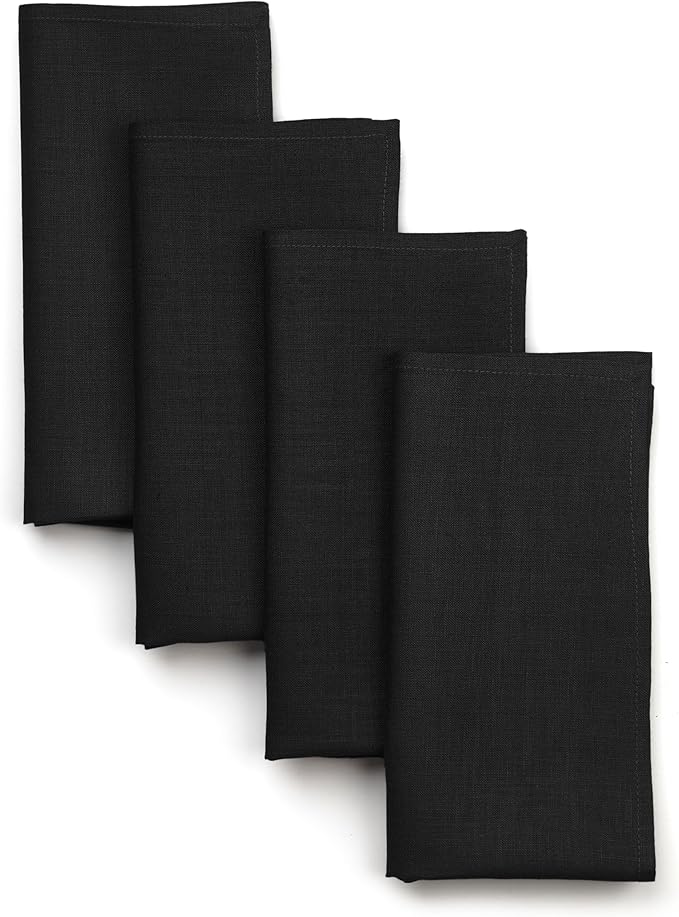D'Moksha Homes Black Linen Napkins 18 x 18 Inch - 100% Pure Linen Cloth Washable Dinner Napkins Set of 4 for Winter, Christmas, Holiday