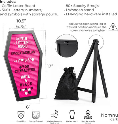 Coffin Letter Board Pink With Spooky Emojis +500 Characters, and Wooden Stand - 17x10.5 Inches - Gothic Halloween Decor Spooky Gifts Decorations