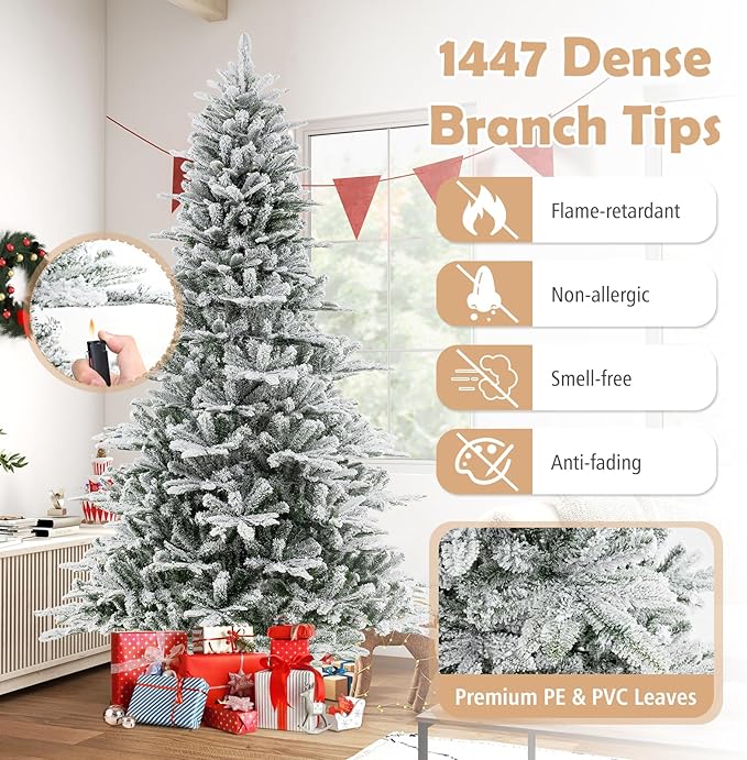 GOFLAME 8FT Pre-Lit Christmas Tree Snow Flocked, Hinged Artificial Xmas Tree with 1447 Branch Tips, 800 Cold White LED Lights, 3 Lighting Modes, Timer, Remote, Holiday Decoration Tree for Home Party