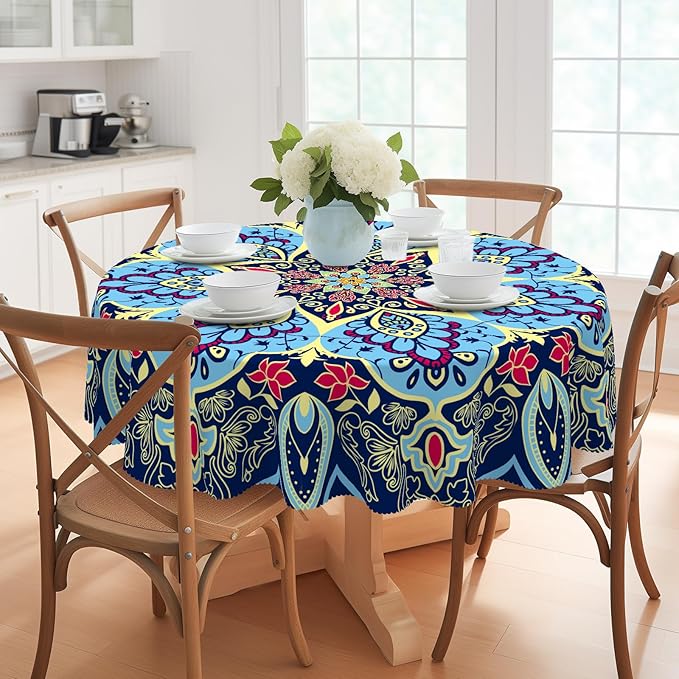 Eikione Round Tablecloth, Boho Tablecloth Waterproof and Wrinkle-Free, Boho Table Covers, Summer Decorations for Home 60inch