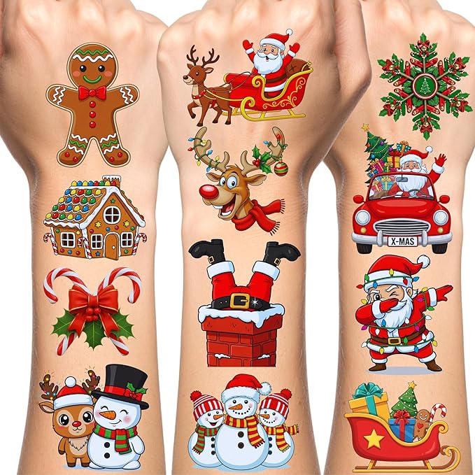 Christmas Temporary Tattoos | Christmas Decorations Party Favors Accessories Goodie Bags Stocking Stuffers Stickers Xmas Santa Claus Reindeer Snowman Gift Idea For Kids Boy Girl Teen Adult-60Pcs