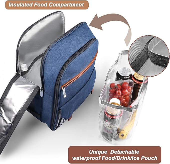 Sunflora Insulated Picnic Backpack for 2 Person Bag with Cooler Compartment, Blanket and Stainless Steel Cutlery Set for Couple, Lovers and Friends (Blue & Stripe)