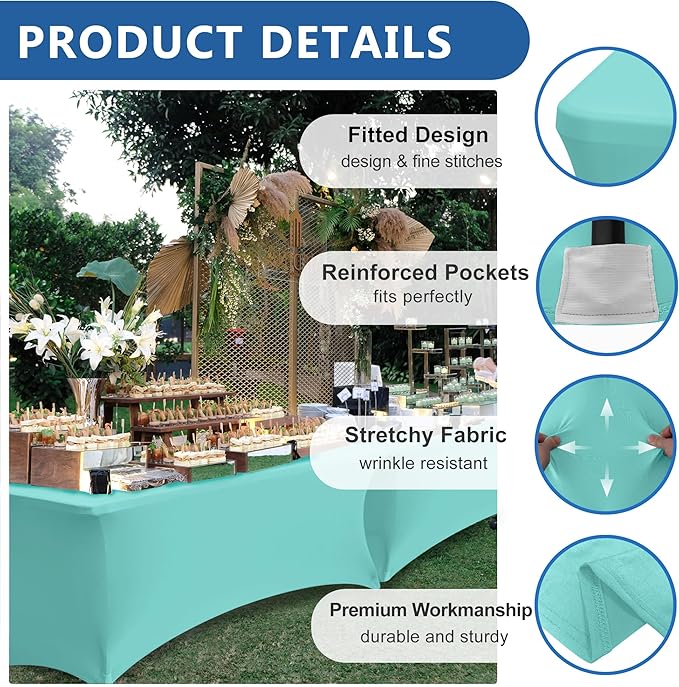 Stretch Table Cover for 4ft Rectangle Tables-8 Pack Aqua Blue Spandex Table Cloths with elastic-Folding Table for Party, Wedding, Vendor Booth Display, Banquet Buffet Event, Craft Trade Show