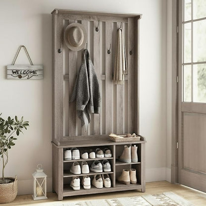 VASAGLE Hall Tree with Bench and Shoe Storage, Coat Rack with Shoe Bench, 7 Double Hooks for Jackets, Hats, Entryway, Bedroom, Living Room, 13.8 x 31.9 x 70.9 Inches, Heather Greige UHSR414G01