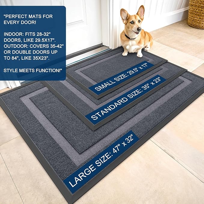OLANLY Front Door Mat Indoor Outdoor Entrance, Waterproof All-Season, All-Weather Doormat, Sturdy Natural Rubber, Fade Resistant, Low Profile, Easy Clean Patio Porch Entryway Mat, 35x23, Light Grey