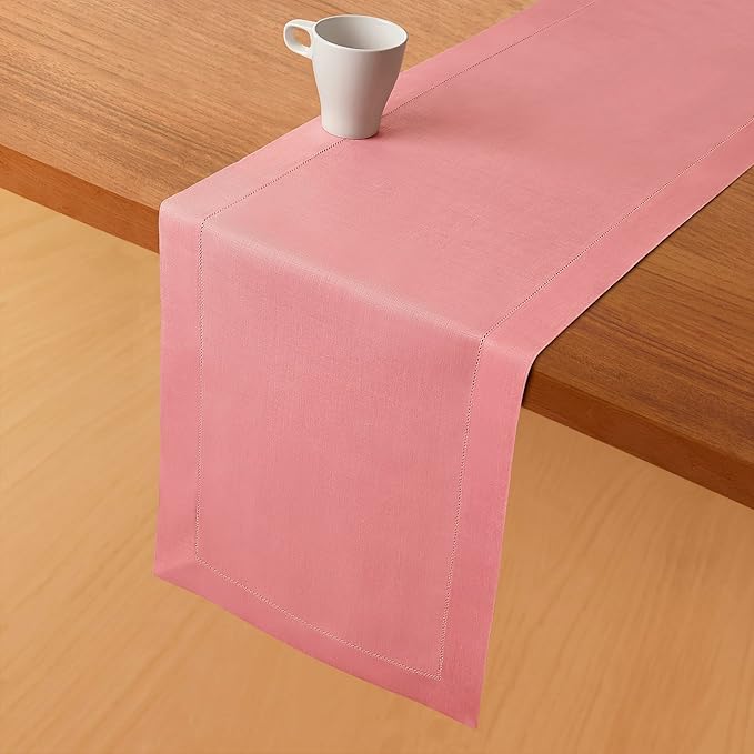 D'Moksha Homes Linen Dusty Pink Table Runner 60 Inches - Classic Hemstitch, 100% Pure Linen Coffee Table Runner 14 x 60 Inch Ideal for Dresser Tables - Winter, Christmas, Holiday