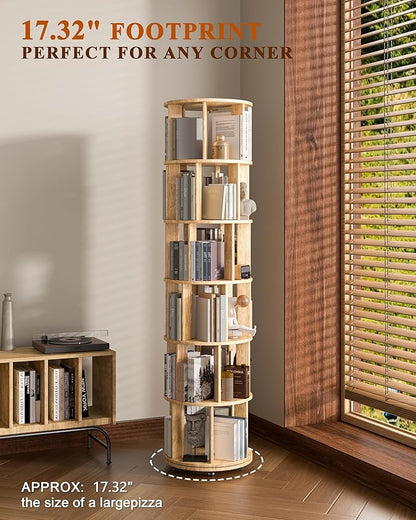 6-Tier Solid Wood Rotating Bookshelf on Wheels, 360° Spinning Book Shelf Tower, Round Revolving Bookcase Organizer, Rolling Bookshelves for Small Spaces, Corner, Bedroom, Kids Room, Office, Natural