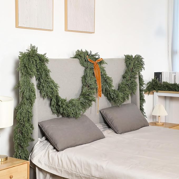 Jutom 2 Pcs 9 ft Thick Christmas Cedar Garland Artificial Realistic Soft and Flexible Full Faux Green Cedar Pine Garland for Home Indoor Xmas Holiday Mantle Fireplace Party Decoration