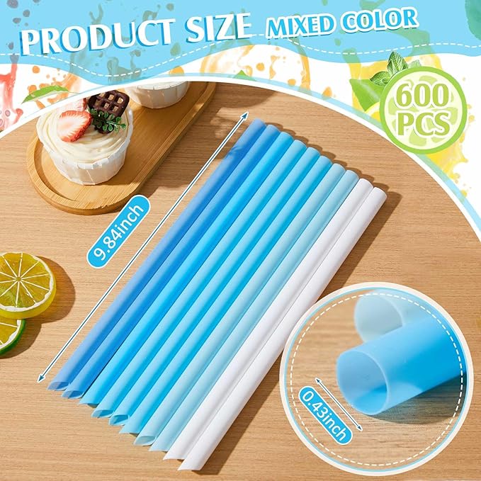 Tessco for you Jumbo Smoothie Straws Bulk Large Plastic Disposable Bubble Tea Straws Wide-Mouthed Individually Wrapped for Tall Homemade Milkshakes Drinking(9.84 Inch,Blue,600 Pcs)