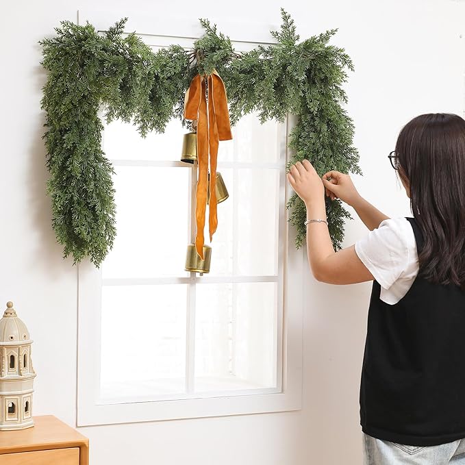 Jutom 2 Pcs 6 ft Thick Christmas Cedar Garland Artificial Realistic Soft and Flexible Full Faux Green Cedar Pine Garland for Home Indoor Xmas Holiday Mantle Fireplace Party Decoration
