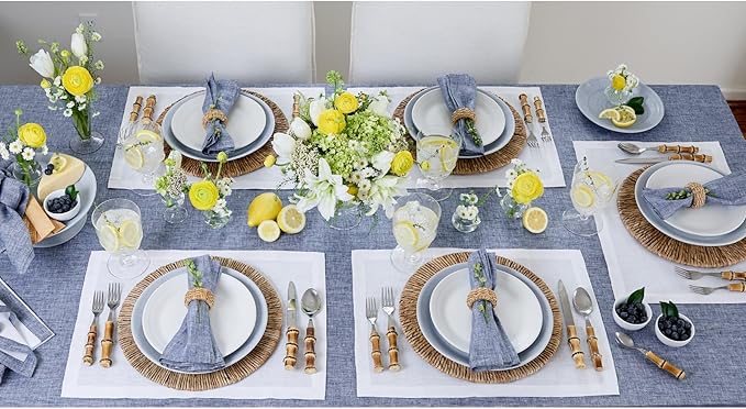 Solino Home Linen Tablecloth 60 x 144 Inch - 100% Pure Linen Chambray Indigo Table Cloth for Rectangle Tables - Athena, Machine Washable Tablecloth for Christmas, New Year