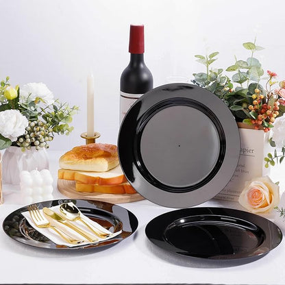 100PCS Black Plastic Plates, Black Disposable Plates for 50 Guests, 50 Dinner Plates 10.25 inch and 50 Dessert Plates 7.5 inch for Party, Graduation, Wedding