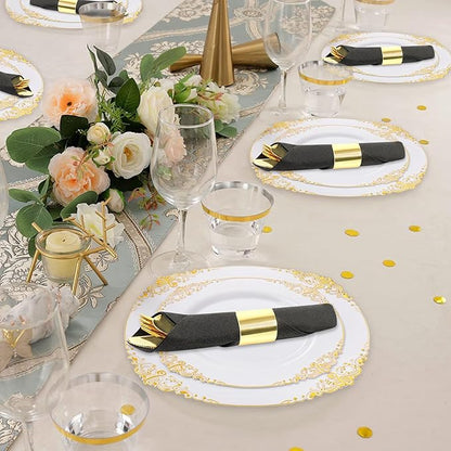 50 Pack Pre Rolled Gold Plastic Silverware Set,Fancy Wrapped Plastic Cutlery Set with Napkin Include 50 Forks,50 Spoons,50 Knives and 50 Black Napkins for Party, Wedding,Christmas