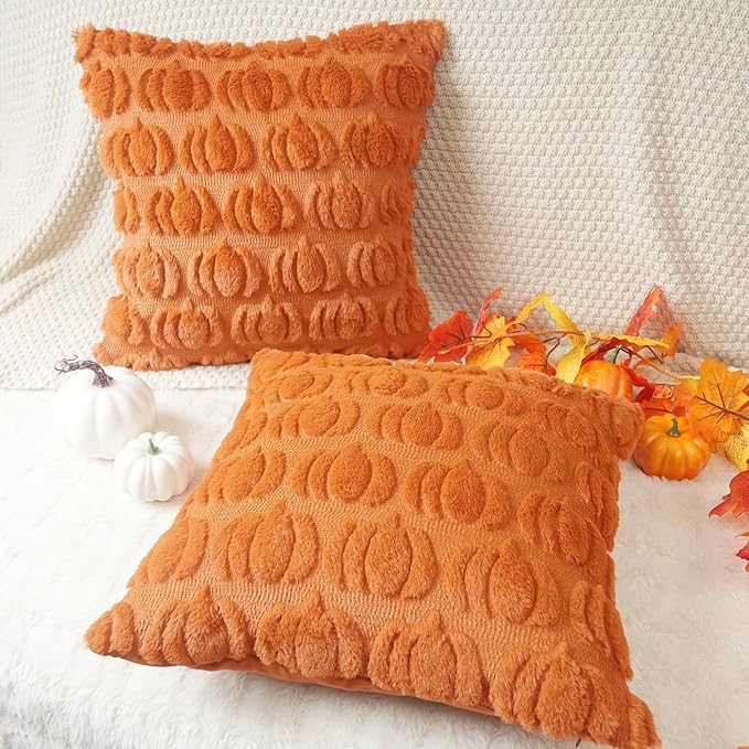 GEEORY Fall Pumpkins Soft Plush Pillow Covers, 20 x 20 Inch Set of 2, Fluffy Faux Fur Wool Decorative Farmhouse Cushion Case for Sofa Home Decoration Orange GC018-20