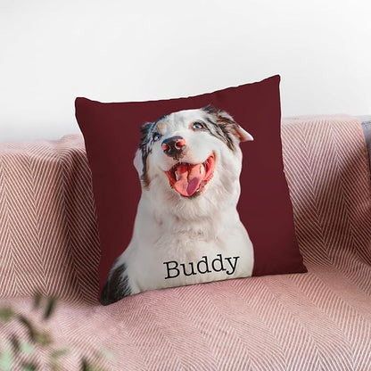 Be Burgundy Custom Pet Photo Pillow Cover 16x16 Inch – Personalized Dog or Cat Pillow with Name, Pet Picture Cut-Out Pillowcase, Optional Background Color, Gift for Pet Lovers, Dog Moms & Cat Owners