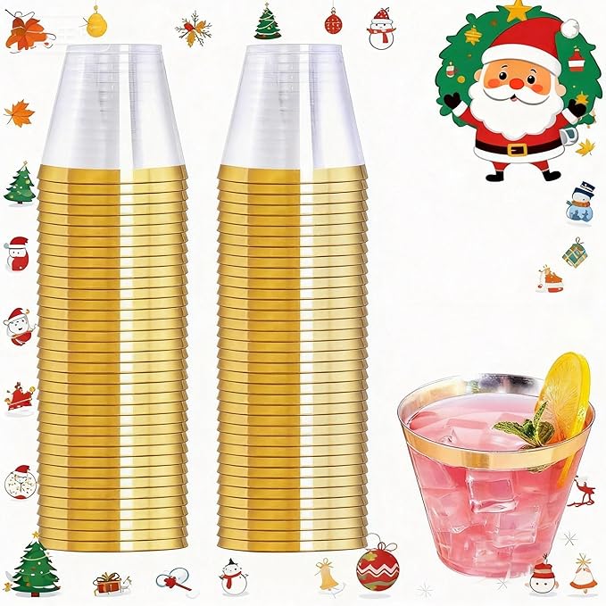 WELLIFE 120 PCS Gold Plastic Cups,9 oz Clear Plastic Cups,Disposable Wine Glasses for Party and Christmas