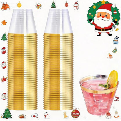 WELLIFE 120 PCS Gold Plastic Cups,9 oz Clear Plastic Cups,Disposable Wine Glasses for Party and Christmas