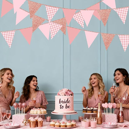 Dusty Rose Pink Buffalo Plaid Rose Gold Party Decorations Pennant Banner Flag Hanging Glitter Paper Triangle Bunting for Women Girls Birthday Baby Shower Wedding Bridal Shower Hen Party Supplies