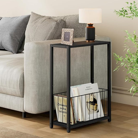 Narrow Side Table with Magazine Holder, Skinny End Table Perfect for Small Spaces, Space-Saving Design for Living Room, Bedroom, or Office, 7.1" D x 16.9" W x 23.6" H, Black