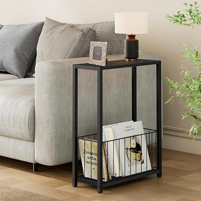 Narrow Side Tables Set of 2 with Magazine Holder, Skinny End Tables Perfect for Small Spaces, Space-Saving Design for Living Room, Bedroom, or Office, 7.1" D x 16.9" W x 23.6" H, Black
