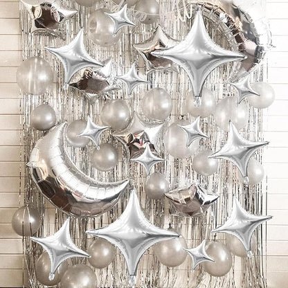 12PCS Silver Star Balloons, 24in 18in 10in Four Angle Star Shaped Balloon Silver Foil Balloons for Wedding Baby Shower Birthday New Year Party Decorations