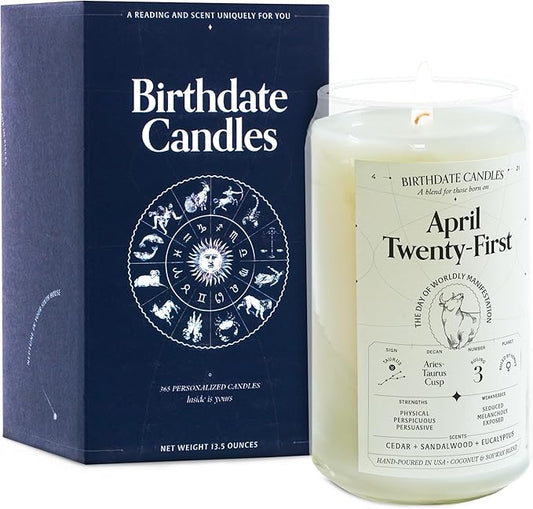 Birthdate Candles, April 21 - Taurus Zodiac Scented Candles Birthday Gift - Cedar, Sandalwood & Eucalyptus Scent - All-Natural Soy & Coconut Wax, 60-80 Hour Burn Time - Made in USA