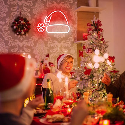Christmas Hat Neon Sign, Red & White USB Plastic LED Light, Modern Holiday Decorative Signage for Wall Decor, Dimmable Christmas Decorations