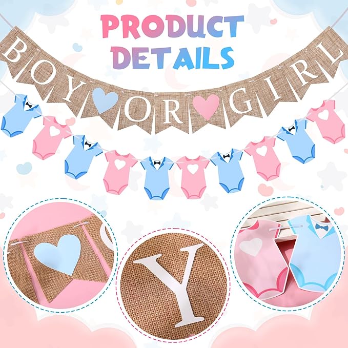 2 Pcs Gender Reveal Party Decorations Pre-Strung Boy or Girl Burlap Baby Shower Banner and Bodysuits Clothesline Garland Baby Outfit for Gender Reveal Birthday Baby Shower Party Decorations