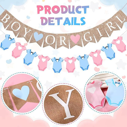 2 Pcs Gender Reveal Party Decorations Pre-Strung Boy or Girl Burlap Baby Shower Banner and Bodysuits Clothesline Garland Baby Outfit for Gender Reveal Birthday Baby Shower Party Decorations