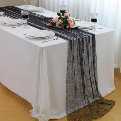 Snowkingdom Halloween Table Runner, 10 FT Black Spider Web Runners Metallic Sequin Sheer Chiffon Gauze Cheesecloth, Black Party Decorations for Halloween Kitchen Dinner Table Birthday Home Indoor