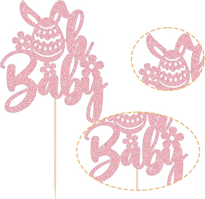 Ephlyn 1Pcs Happy Easter Oh Baby Cake Topper Pink Glitter Easter Bunny Baby Shower Cake Topper Decorations for Easter Day Theme Baby Shower Birthday Party Supplies