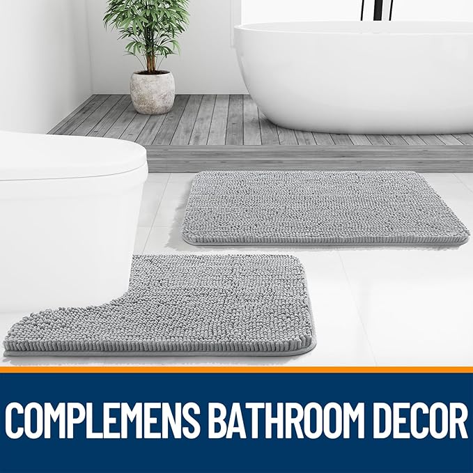 OLANLY Bathroom Rugs 70x46, Extra Soft Absorbent Chenille Bath Rugs, Rubber Backing Quick Dry, Machine Washable Bath Mats for Bathroom Floor, Tub and Shower, Home Decor Accessories, Light Grey