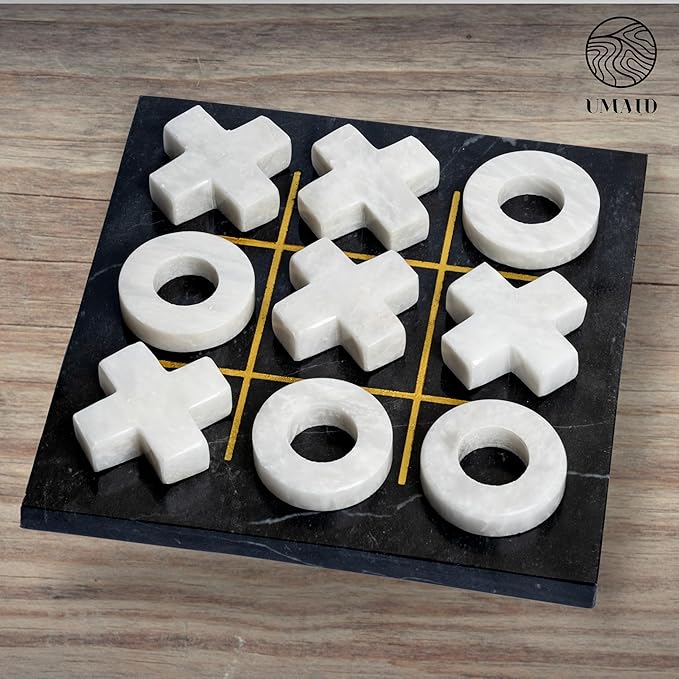 UMAID Luxury Marble Tic Tac Toe Game, Handcrafted 10" Onyx Board in Velvet Box, Solid Marble Set, Each Piece is Unique, Elegant Coffee Table or Office Decor, Unique Gift for Men, Women, Game Lovers