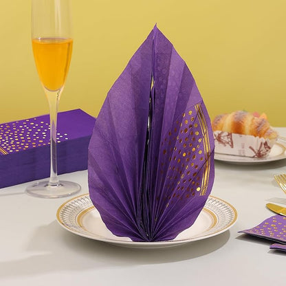 100 Pcs Purple Paper Napkins Disposable - Purple Gold Dot Dinner Party Napkins for Bathroom Wedding Anniversary Birthday Party Supplies