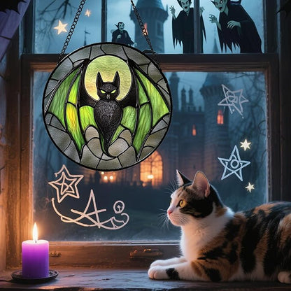 Stained Glass Window Hanging - Halloween Black Bat Green Wings Monster Suncatcher for Doors Garden Home Spooky Sun Catchers Gothic Decor Horror Gift for Women Men Friend Boy Girl 15 in