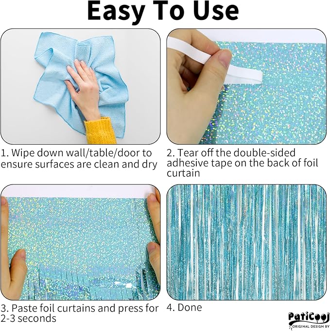 Thicken Blue Streamers 2 Pack 3.2 x 8.2 FT, Light Blue Birthday Decrorations Tinsel Backdrop Curtains, Foil Fringe Photo Backdrop for Baby Shower, Frozen, Under The Sea Party Decorations