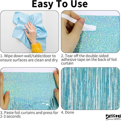 Thicken Blue Streamers 2 Pack 3.2 x 8.2 FT, Light Blue Birthday Decrorations Tinsel Backdrop Curtains, Foil Fringe Photo Backdrop for Baby Shower, Frozen, Under The Sea Party Decorations