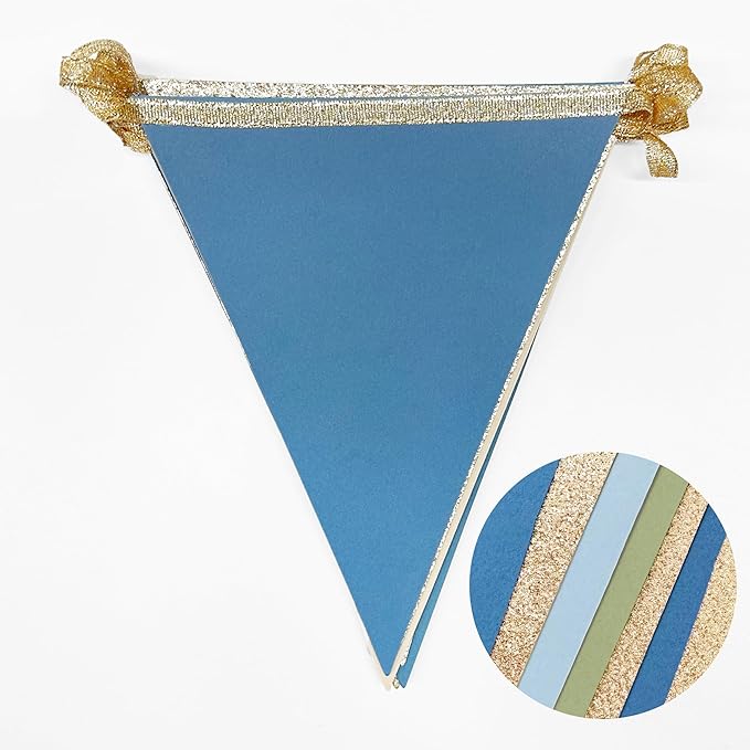 Champagne Gold Dusty Blue Sage Green Pennant Banner Flag Olive Green Blue Hanging Glitter Paper Triangle Bunting for Birthday Baby Shower Wedding One Silly Goose Themed Party Decorations Supplies